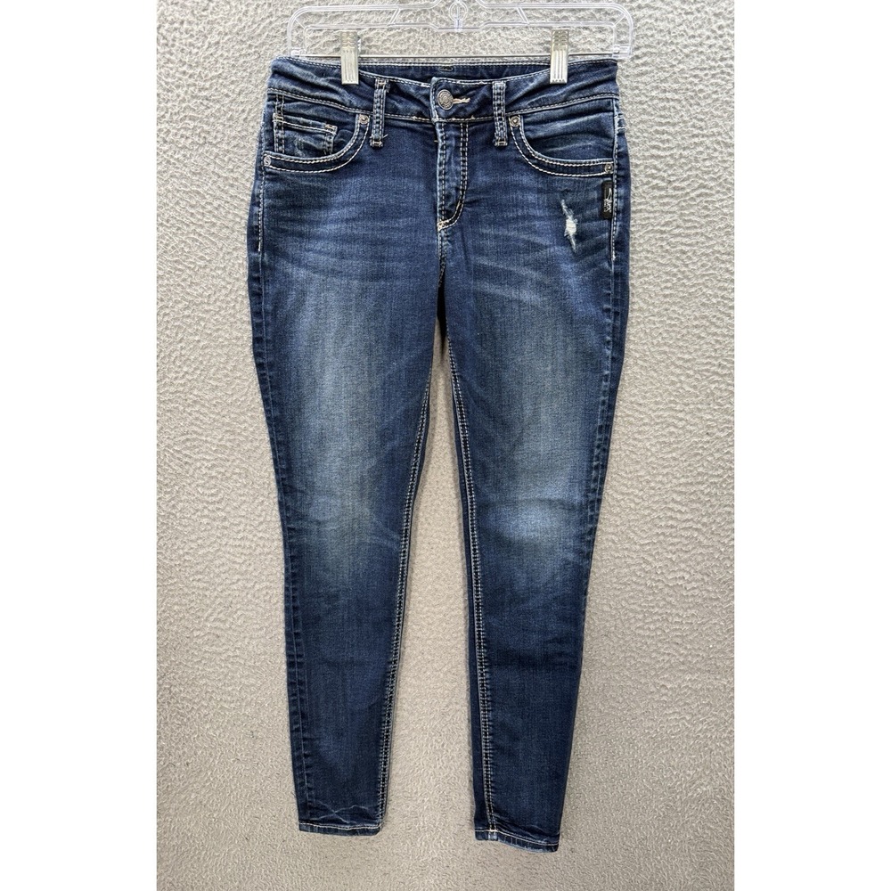 Silver Jeans Womens 27x29 Blue Suki Skinny Thick Stitch Distressed Rockabilly